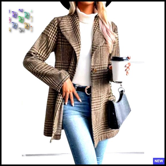 Vintage Plaid Wool Blend Blazer Coat Elegant Shawl Collar Retro Chic Office Wear - Picture 2 of 5